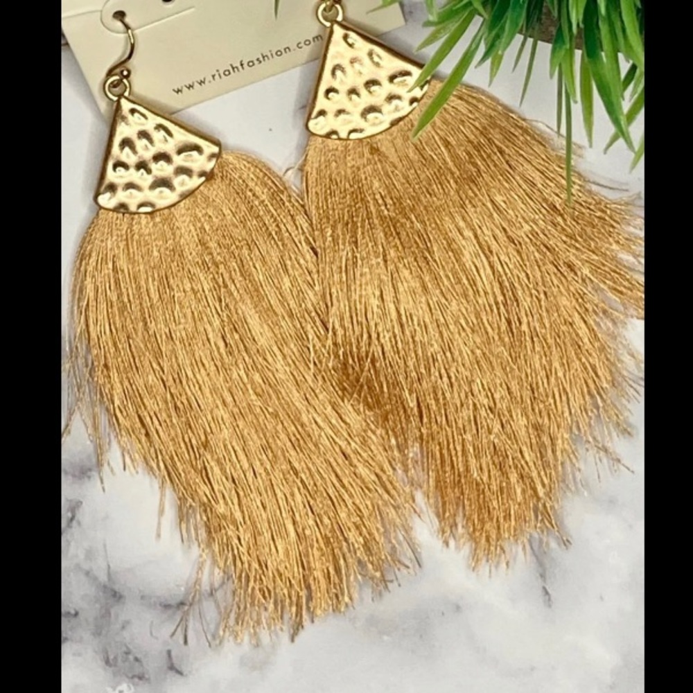 Gold Fringe Earrings Mustard Camel - Picture 2 of 4